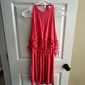 Ocean Drive Pink Sleeveless Halter Dress with Floral Fringe Women’s Medium